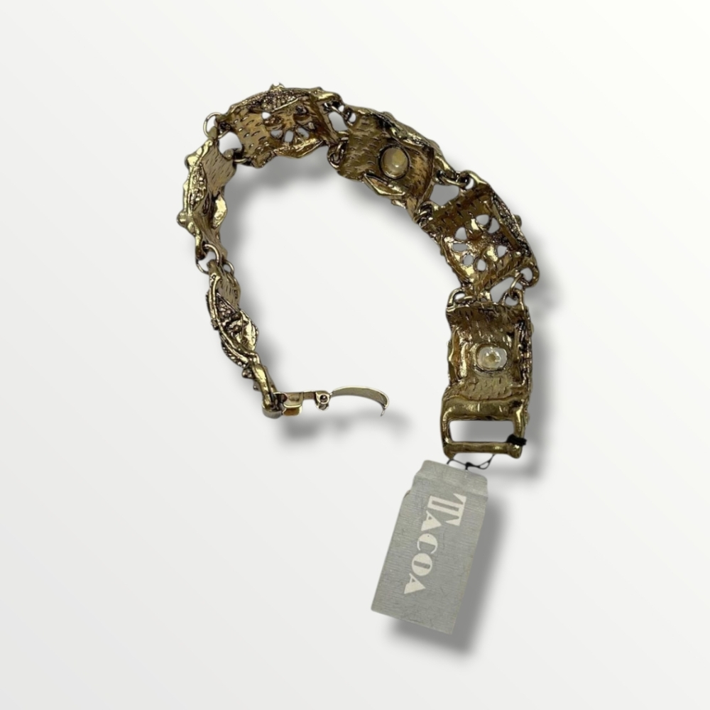 Vintage 90's TACOA Gold Panel Bracelet with Multicolor Crystal and Pearl Accents - Picture 4 of 6